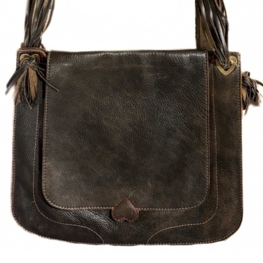 Auth Moschino Stunning Brown Pebble Leather Purse Bag w Gold Metal Hearts